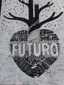 Cartaz com mensagens sobre o futuro do planeta no centro de convenções onde ocorre a COP em Lima
