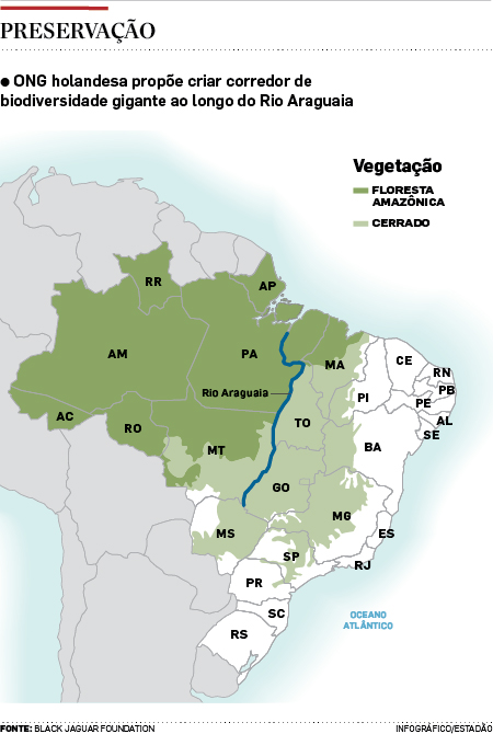 Mapa do rio Araguaia. Corredor seria feito ao entorno dos seus 2.600 km, com até 40 km de largura